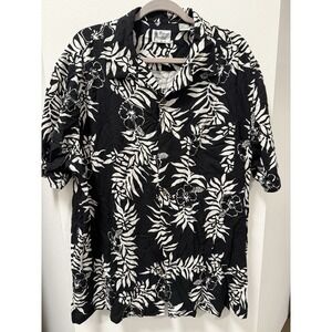 Vintage Silk Brand Hawaiian Button Up Camp Shirt Short Sleeve‎ Black & White XXL